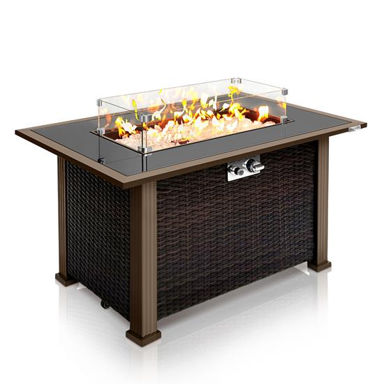 Pyle - SLNFLG44 , Misc , Outdoor Propane Gas Fire Pit Table - 50,000 BTU Auto-Ignition Gas Firepit with Glass Wind Guard, Black Tempered Glass Tabletop & Clear Glass Rock