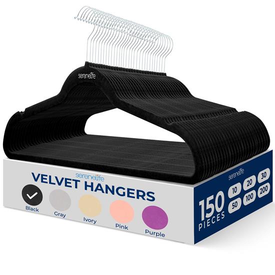 Pyle - SLHVEL1150 , Home and Office , Storage - Organization , 150 Pcs. of Velvet Non-Slip Hangers for Clothes - Heavy Duty Coat Hanger Set with 360° Swivel Hook (Black)