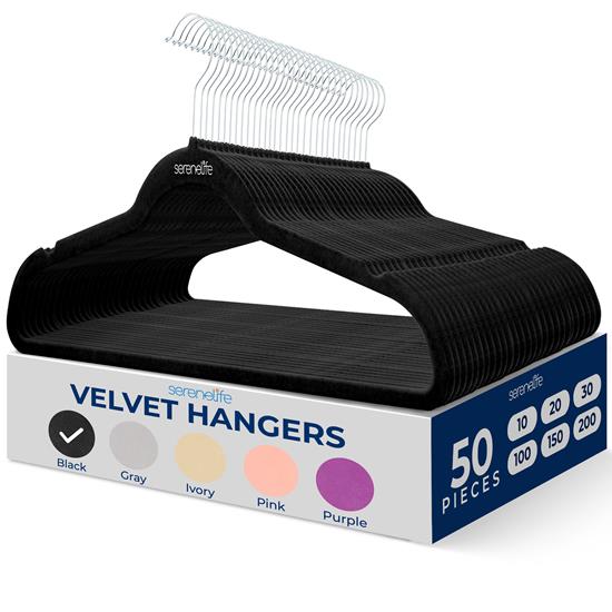 Pyle - SLHVEL50 , Home and Office , Storage - Organization , 50 Pcs. of Velvet Non-Slip Hangers for Clothes - Heavy Duty Coat Hanger Set with 360° Swivel Hook (Black)