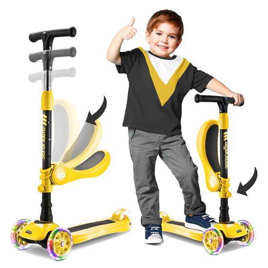 Pyle - SLKS59 , Sports and Outdoors , Kids Toy Scooters , Infinity 3-Wheel Kids Scooter - Child & Toddler Toy Scooter with Built-in LED Wheel Lights, Fold-Out Comfort Seat (Yellow)