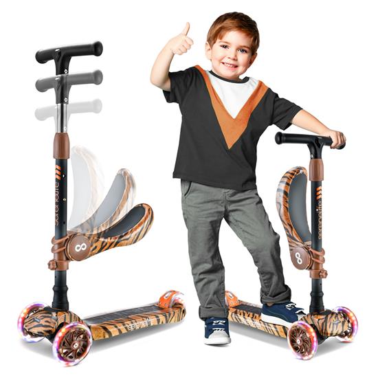 Pyle - SLKSTIG , Sports and Outdoors , Kids Toy Scooters , Infinity 3-Wheel Kids Scooter - Child & Toddler Toy Scooter with Built-in LED Wheel Lights, Fold-Out Comfort Seat (Tiger)
