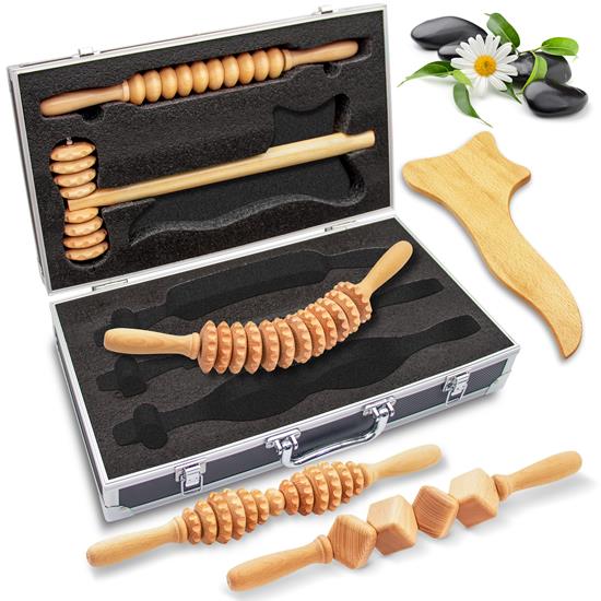 Pyle - SLMSGRLKT34 , Home and Office , Therapeutic , 5-Pc. Wood Therapy Massage Tools Kit - Anti Cellulite Massage Set, Wooden Roller Lymphatic Drainage Tools
