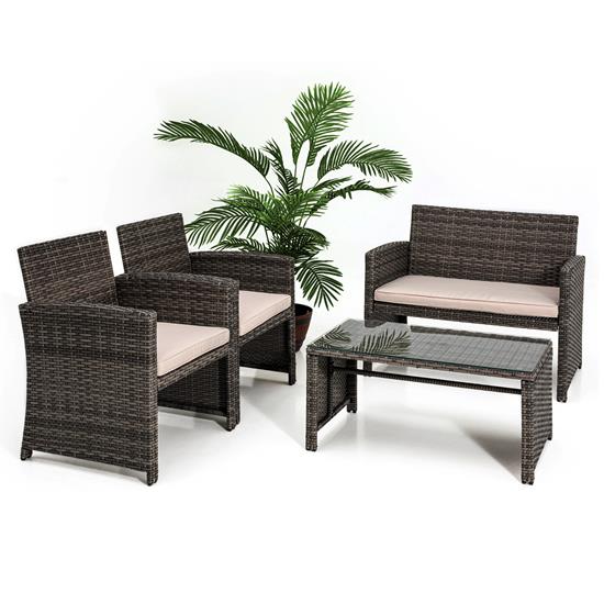Pyle - SLOTFX5 , Sports and Outdoors , 4 Pcs. Patio Outdoor Rattan Furniture Set - Includes 1 Double Chair & 2 Single Chairs with Soft Cushion, and 1 Glass-top Coffee Table