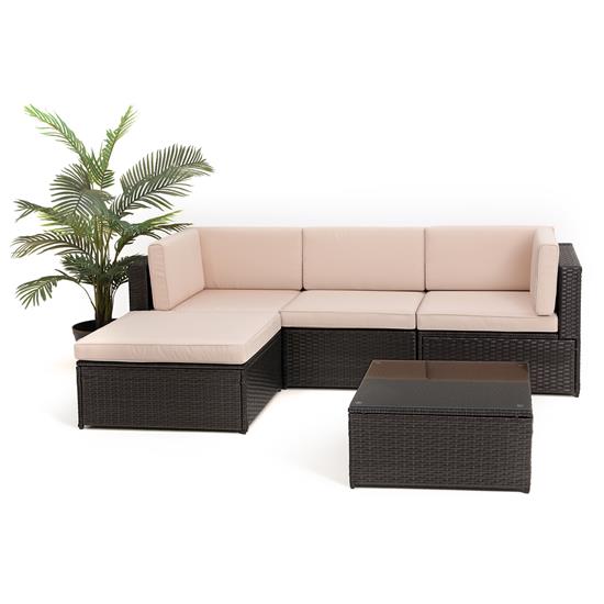 Pyle - SLOTFX9 , Misc , 5 Piece Patio PE Wicker Rattan Corner Sofa Set - Includes Ottoman Chair, Double-Seat Sofa with Glass-top Coffee Table