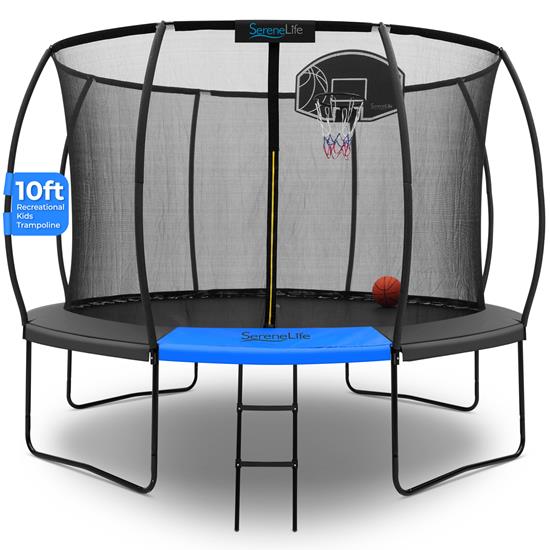 Pyle - SLPMTR10CK , Health and Fitness , Fitness Equipment - Home Gym , 10ft Pumpkin Recreational Trampoline with Luxury Ladder and Basketball Hoop System for Kids / Children and Inner Enclosure (Black)
