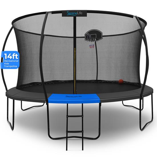 Pyle - SLPMTR14CK , Health and Fitness , Fitness Equipment - Home Gym , 14ft Pumpkin Recreational Trampoline with Luxury Ladder and Basketball Hoop System for Kids / Children and Inner Enclosure (Black)