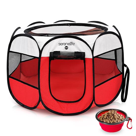 Pyle - SLPTSR107 , Health and Fitness , protection Equipment , Small Portable and Foldable Pet Tent - Lightweight, Easily Collapsible, Play Yard Crib for Indoor & Outdoor Use with Portable Folding Pet Bowl (Red)