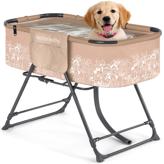 Pyle - SLPTUBB30 , Health and Fitness , Freestanding Bathtub , Portable Dog Bath Tub with Two Side Pockets and Built-in Drain System - Includes Three-Point Leash Restraint (Beige)