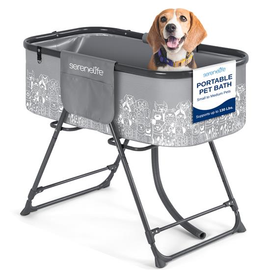 Pyle - SLPTUBG10 , Health and Fitness , Freestanding Bathtub , Portable Dog Bath Tub with Two Side Pockets and Built-in Drain System -  Includes Three-Point Leash Restraint (Gray + Black)