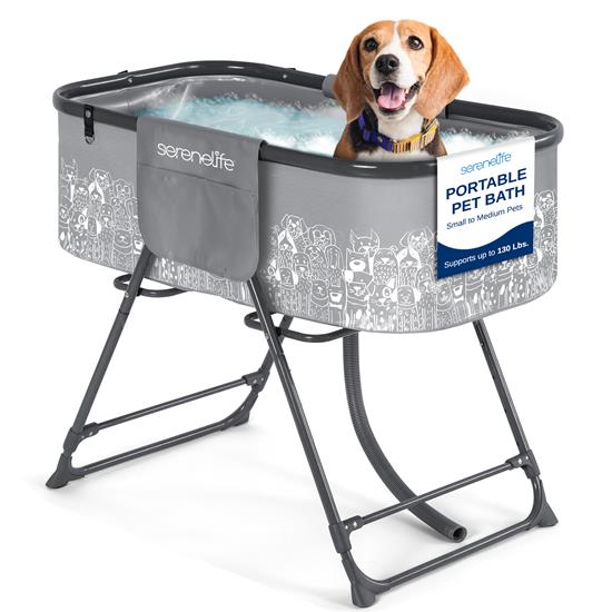 Pyle - SLPTUBG40 , Health and Fitness , Freestanding Bathtub , Portable Dog Bath Tub with Two Side Pockets and Built-in Drain System -  Includes Three-Point Leash Restraint (Gray + Black)