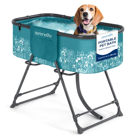 Pyle - SLPTUBT20 , Health and Fitness , Freestanding Bathtub , Portable Dog Bath Tub with Two Side Pockets and Built-in Drain System - Includes Three-Point Leash Restraint (Blue)