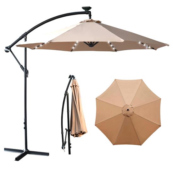 Pyle - SLSK5714.3 , Health and Fitness , protection Equipment , 10 ft. LED Cantilever Umbrella with 360° Rotation - 8 Sturdy Steel Ribs Patio Umbrella Market Hanging Umbrellas with 24 LED Lights, Tilting and Cross Base