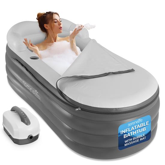 Pyle - SLSPAMT26FB.5 , Health and Fitness , Freestanding Bathtub , Inflatable Bathtub with Bubble Massage Mat - Comes with a Matching Inflatable Pillow, Cup Holder, and Remote Control for Body and Spa