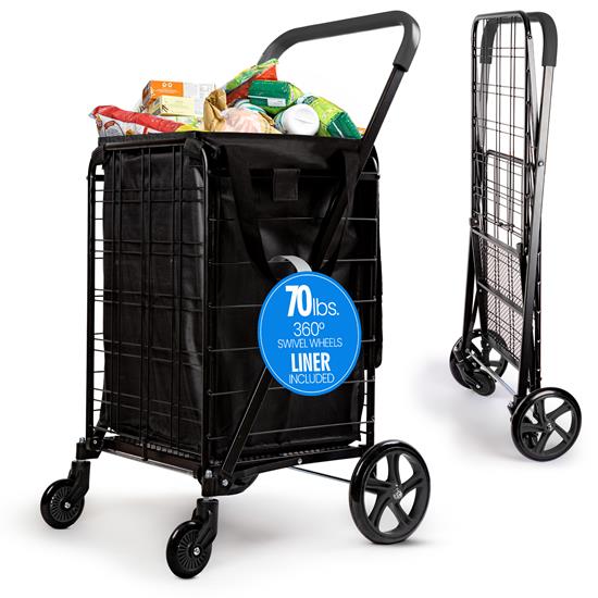Pyle - SLSPCART65 , Home and Office , Storage - Organization , Small Foldable Shopping Cart with Removable Cart Liner, 360 Degree Rolling Swivel Wheels, 70 lbs. Weight Capacity for Groceries, Laundry and Luggage (Black)