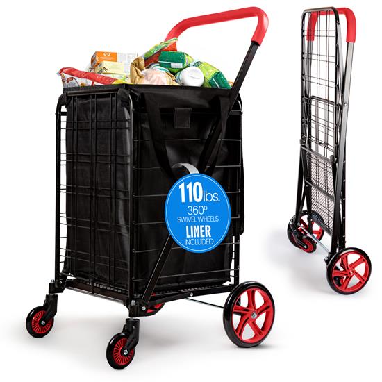 Pyle - SLSPCART70 , Home and Office , Storage - Organization , Heavy Duty Foldable Shopping Cart with Removable Cart Liner, 360 Degree Rolling Swivel Wheels, 110 lbs. Weight Capacity for Groceries, Laundry and Luggage (Red)