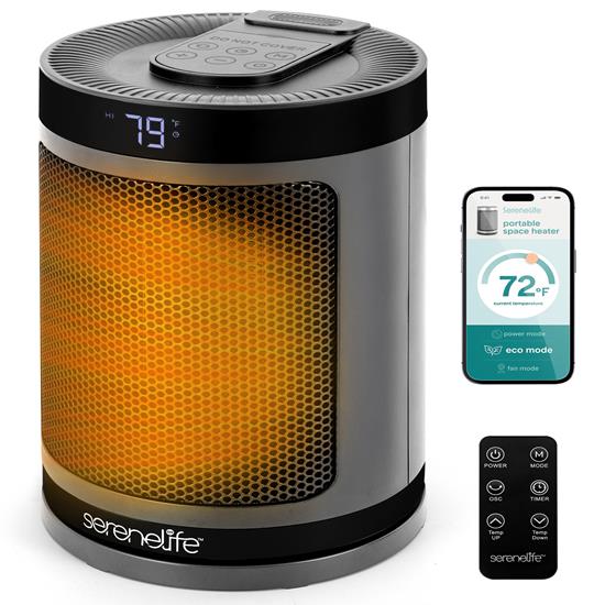 Pyle - SLSPCHTRW3GY , Sports and Outdoors , Outdoor Heaters , Portable Space Heater - Indoor Electric Heater with Wi-Fi Function,Thermostat, Remote, Digital Display, 12H Timer, 3 heating Modes, Fast & Safe PTC Ceramic Heating for Home, Office, Bedroom (Gray)