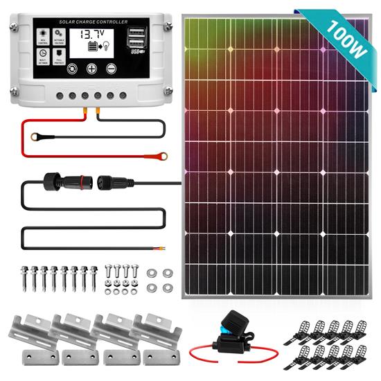 Pyle - SLSPSKT100 , Tools and Meters , Power Generation Equipment , 1 Pc. Portable Mono Solar Panel Starter Kit - 100W with 3 ft. 11AWG Cable Set and 30A PWM Controller with LCD Screen