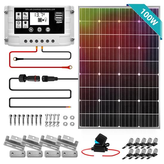 Pyle - SLSPSKT100 , Tools and Meters , Power Generation Equipment , 1 Pc. Portable Mono Solar Panel Starter Kit - 100W with 3 ft. 11AWG Cable Set and 30A PWM Controller with LCD Screen