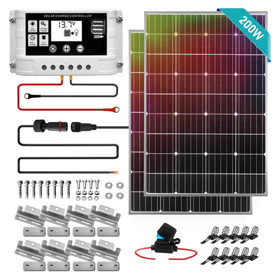 Pyle - SLSPSKT200.5 , Tools and Meters , Power Generation Equipment , 2 Pcs. Portable Mono Solar Panel Starter Kit- 100W with 3 ft. 11AWG Cable Set and 30A PWM Controller with LCD Screen