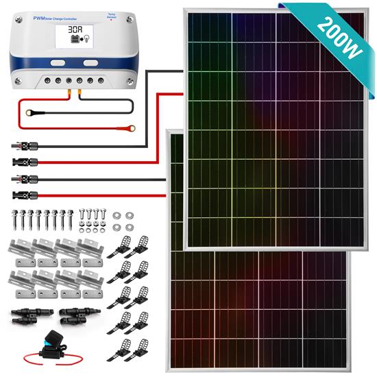 Pyle - SLSPSKT205.5 , Tools and Meters , Power Generation Equipment , 2 Pcs. Portable Mono Solar Panel Starter Kit - 100W x 2 Off-Grid Solar Panel Kit with 30A PWM Controller with LCD Screen