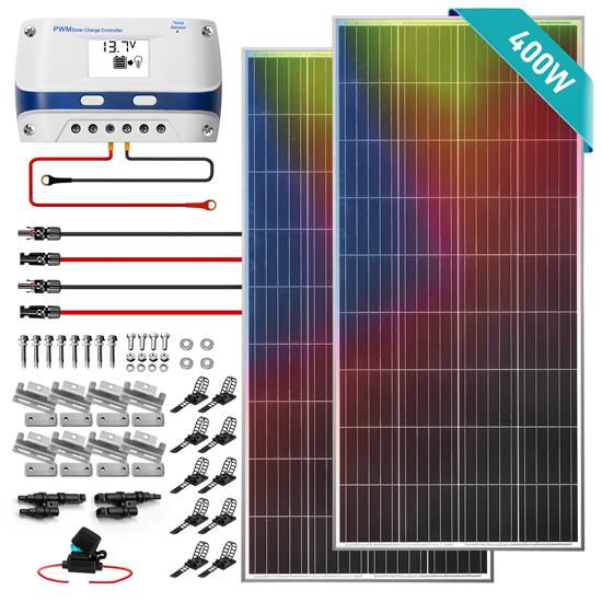 Pyle - SLSPSKT405.5 , Tools and Meters , Power Generation Equipment , 2 Pcs. Portable Mono Solar Panel Starter Kit - 400W Off-Grid Solar Panel Kit with 30A PWM Controller with LCD Screen