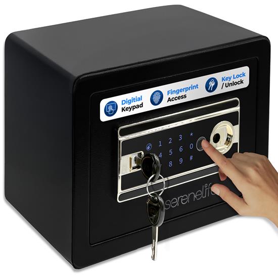 Pyle - SLSVP25EUG , Home and Office , Safe Boxes - Mailboxes , Electronic Fingerprint Safe Box with Touchscreen Keypad and Combination Lock, Includes 2 Owner Keys and 2 Master Keys (Black)