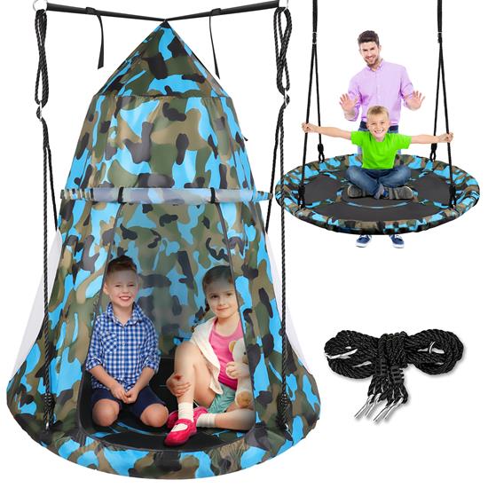 Pyle - SLSWNG350CM , Health and Fitness , Fitness Equipment - Home Gym , Children’s Tree Swing Tent - Indoor/Outdoor Hanging Rope Swing Hangout Kit (Camo)