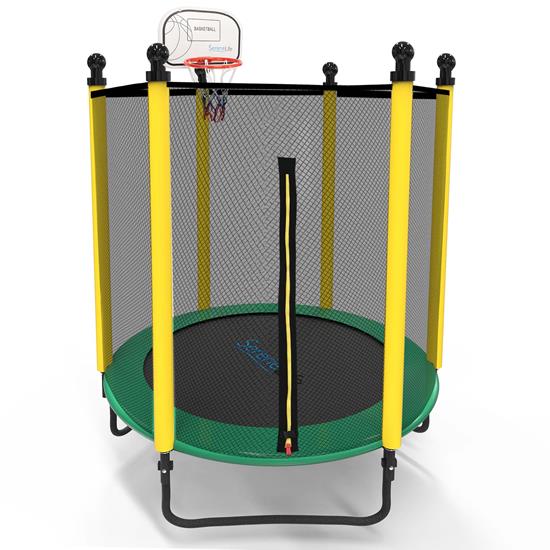 Pyle - SLTRA5BL.5 , Home and Office , Fitness Equipment - Home Gym , Health and Fitness , Fitness Equipment - Home Gym , 5ft Outdoor & Indoor Mini Toddler Trampoline with Enclosure Safety Net Basketball Hoop - Outdoor & Indoor Jumping Fun Trampoline for Kids / Children, Basketball Hoop, Safety Net Cage (5 ft.)
