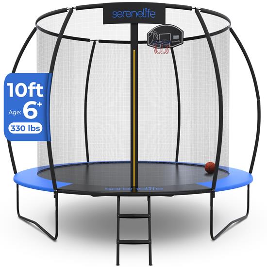 Pyle - SLTRMPK10BL , Health and Fitness , Fitness Equipment - Home Gym , 10ft Pumpkin Recreational Trampoline with Luxury Ladder and Basketball Hoop System for Kids / Children and Inner Enclosure (Blue)