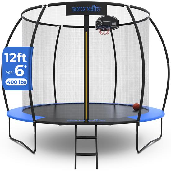 Pyle - SLTRMPK12BL , Health and Fitness , Fitness Equipment - Home Gym , 12ft Pumpkin Recreational Trampoline with Luxury Ladder and Basketball Hoop System for Kids / Children and Inner Enclosure (Blue)