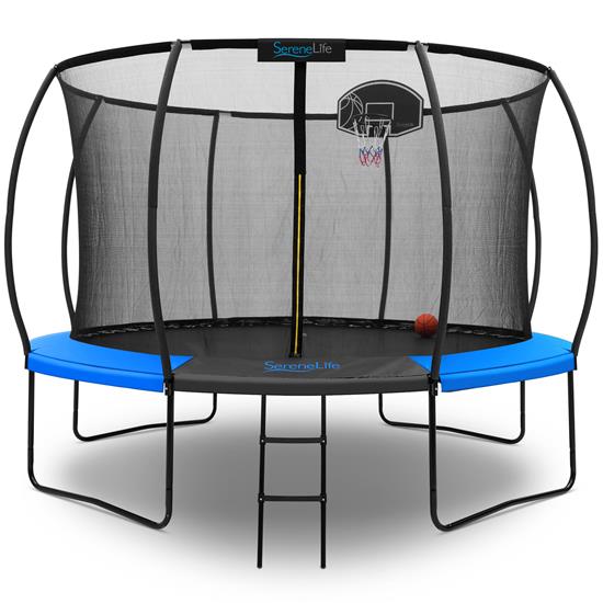 Pyle - SLTRMPK12BL , Health and Fitness , Fitness Equipment - Home Gym , 12ft Pumpkin Recreational Trampoline with Luxury Ladder and Basketball Hoop System for Kids / Children and Inner Enclosure (Blue)