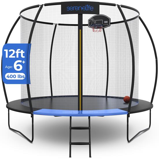 Pyle - SLTRMPK12CK , Health and Fitness , Fitness Equipment - Home Gym , 12ft Pumpkin Recreational Trampoline with Luxury Ladder and Basketball Hoop System for Kids / Children and Inner Enclosure (Black)