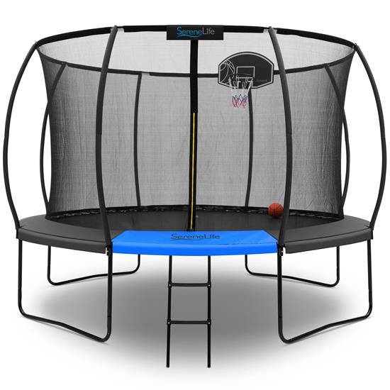 Pyle - SLTRMPK12CK , Health and Fitness , Fitness Equipment - Home Gym , 12ft Pumpkin Recreational Trampoline with Luxury Ladder and Basketball Hoop System for Kids / Children and Inner Enclosure (Black)