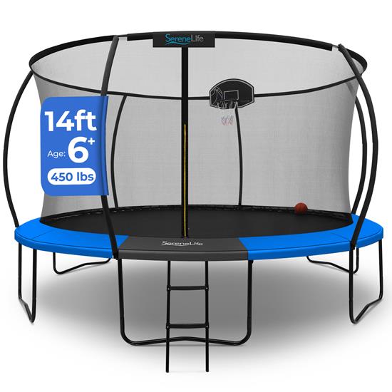 Pyle - SLTRMPK14BL , Health and Fitness , Fitness Equipment - Home Gym , 14ft Pumpkin Recreational Trampoline with Luxury Ladder and Basketball Hoop System for Kids / Children and Inner Enclosure (Blue)
