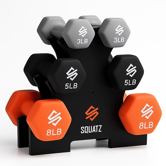 Pyle - SQDBT30 , Home and Office , Fitness Equipment - Home Gym , Health and Fitness , Fitness Equipment - Home Gym , 30 lbs. Neoprene Coated Dumbbell Set with Stand, Colour Grey, Black and Orange All Purpose Hand Weight Anti-Slip Hex Shape Dumbbell