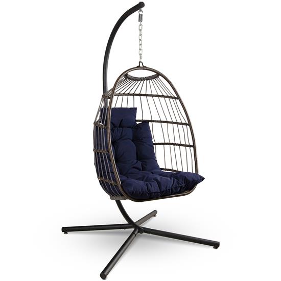 Pyle - SWC66DB.5 , Health and Fitness , protection Equipment , Foldable Egg Chair - Rattan Wicker Hanging Egg Swing Chair with Stand, Waterproof Seat Cushion,, and Headrest for Patio, Bedroom, Porch, and Garden (Deep Blue)