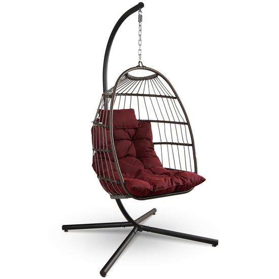 Pyle - SWC888R.5 , Health and Fitness , protection Equipment , Foldable Egg Chair - Rattan Wicker Hanging Egg Swing Chair with Stand, Waterproof Seat Cushion,, and Headrest for Patio, Bedroom, Porch, and Garden (Red)